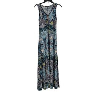 Ariella Teal Peacock Print Maxi Dress Sleeveless V-Neck Zip Boho Small NWOT‎